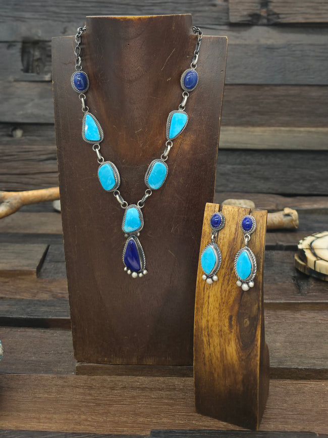 Sterling Silver Lapis and Candelaria Turquoise Lariat Necklace and Earring Set by LaRose Ganadanegro - 15 in.