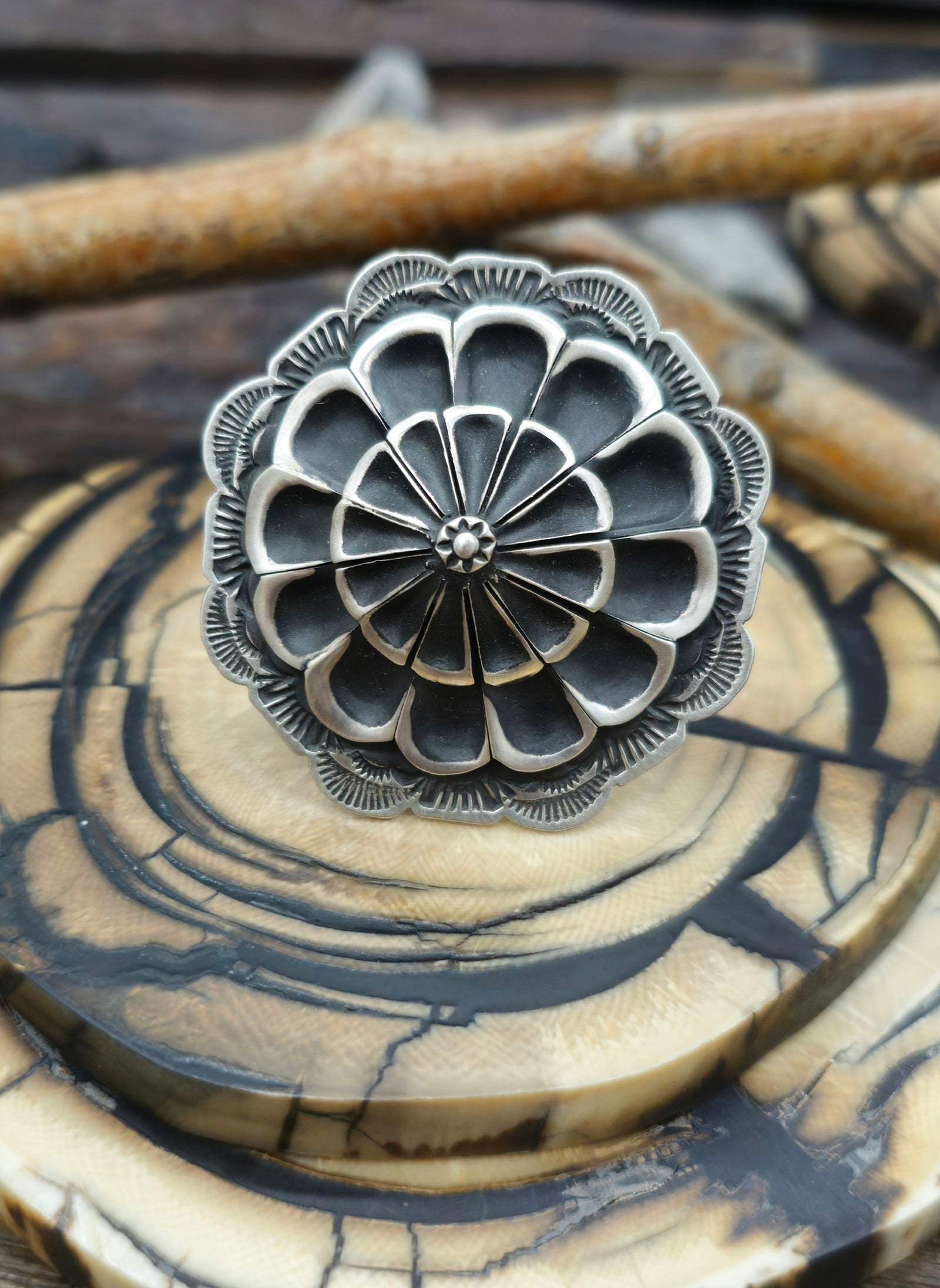Adjustable Stamped Sterling Silver Ring by Leander Tahe