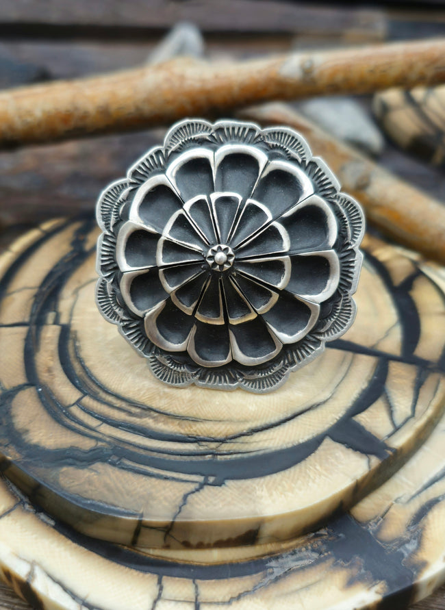 Adjustable Stamped Sterling Silver Ring by Leander Tahe