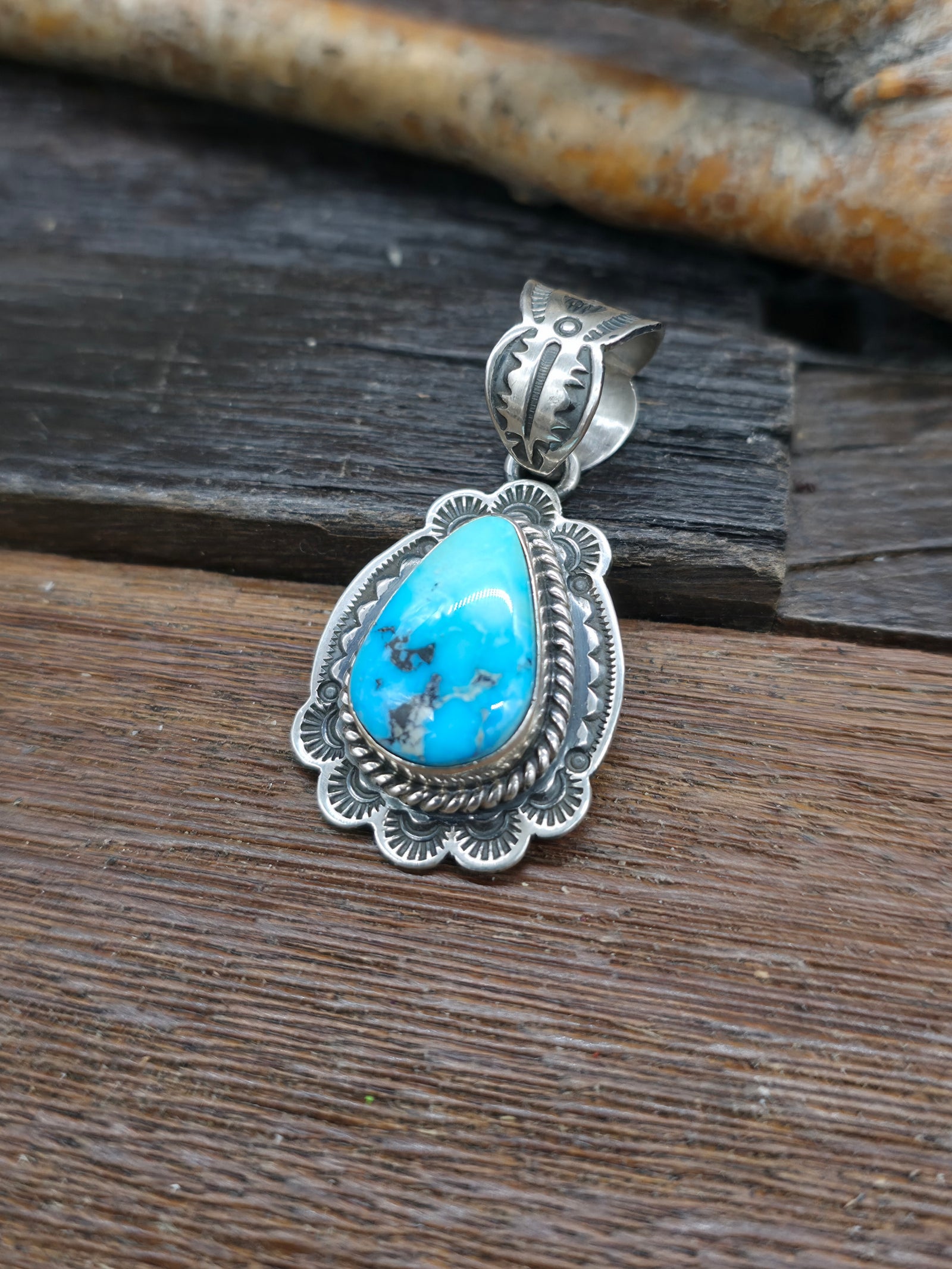 Stamped Sterling Silver and Blue Turquoise Pendant by Happy Piasso