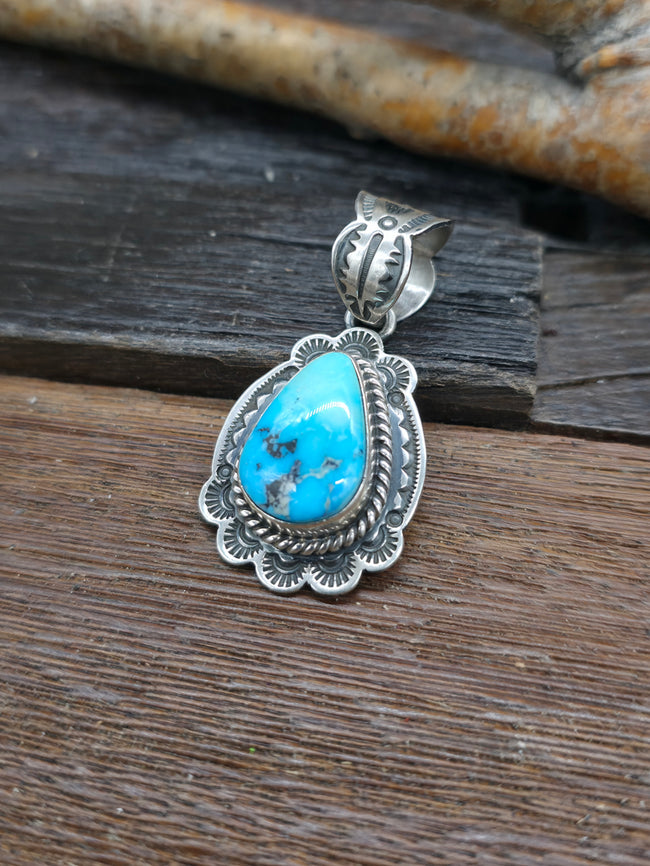 Stamped Sterling Silver and Blue Turquoise Pendant by Happy Piasso