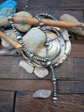 Sterling Silver Oxidized Bead Lariat 24in Necklace with Green Turquoise
