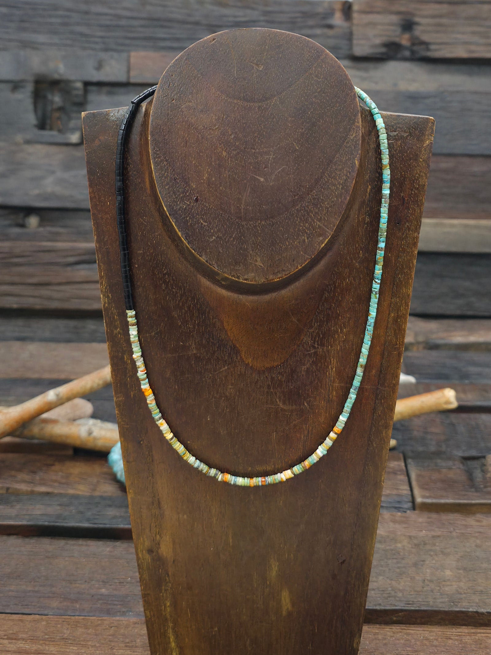 Dainty Jet, Spiny, and Turquoise Heishi Necklace by Fred Archuleta - 18 in.