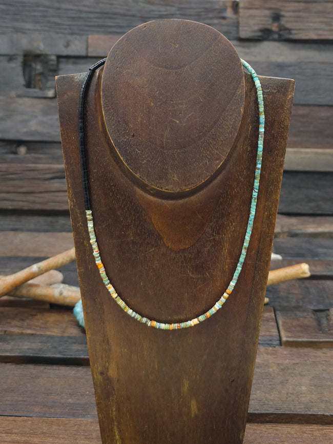 Dainty Jet, Spiny, and Turquoise Heishi Necklace by Fred Archuleta - 18 in.