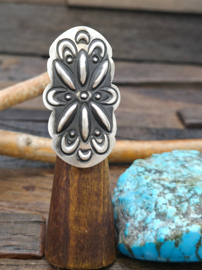 Adjustable Stamped Sterling Silver Ring by Leander Tahe