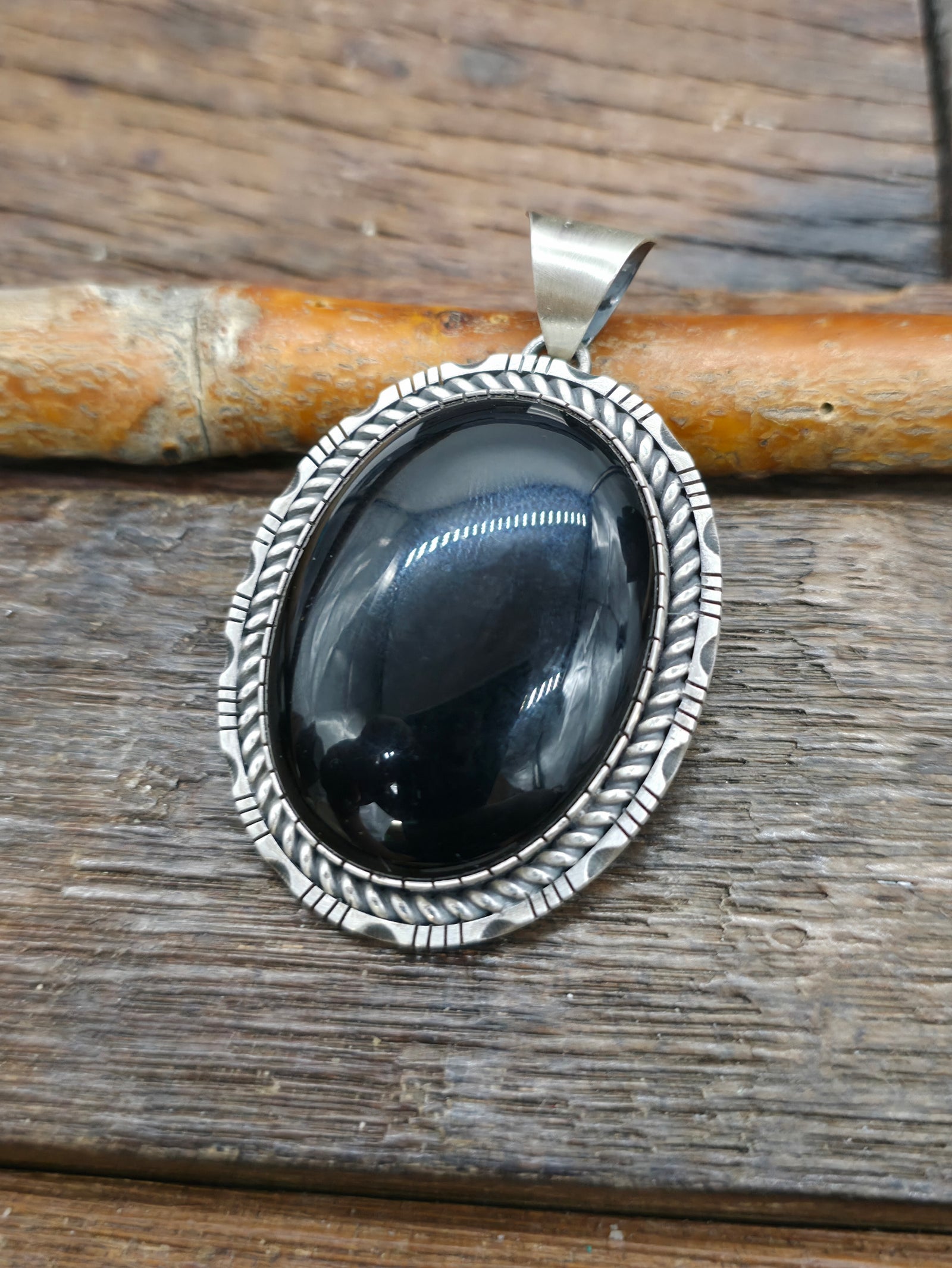 Large Oval Sterling Silver Onyx Pendant by Walter Vandever - 2 1/4 in. by 1 1/2 in.