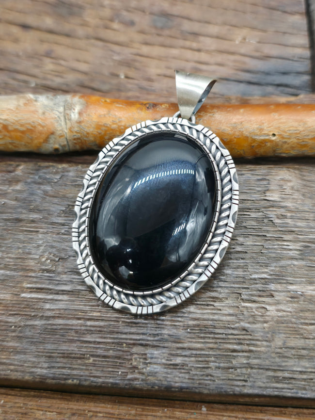Large Oval Sterling Silver Onyx Pendant by Walter Vandever - 2 1/4 in. by 1 1/2 in.