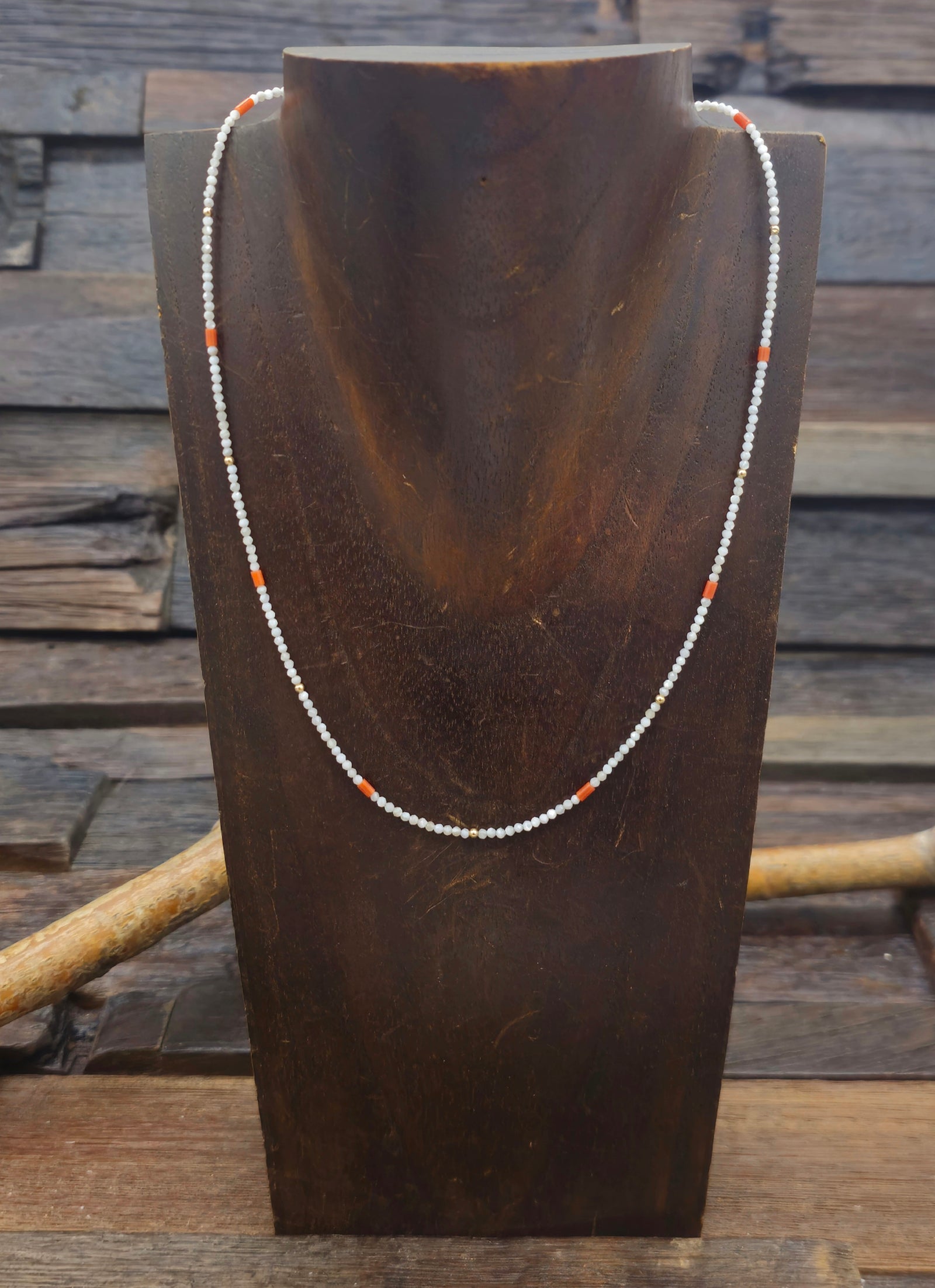 Faceted Mother of Pearl and Coral Necklace by Mel Masquat - 17 in. w/3 1/2 in. extender