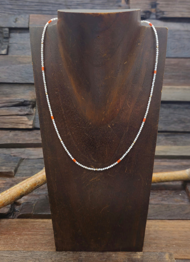 Faceted Mother of Pearl and Coral Necklace by Mel Masquat - 17 in. w/3 1/2 in. extender
