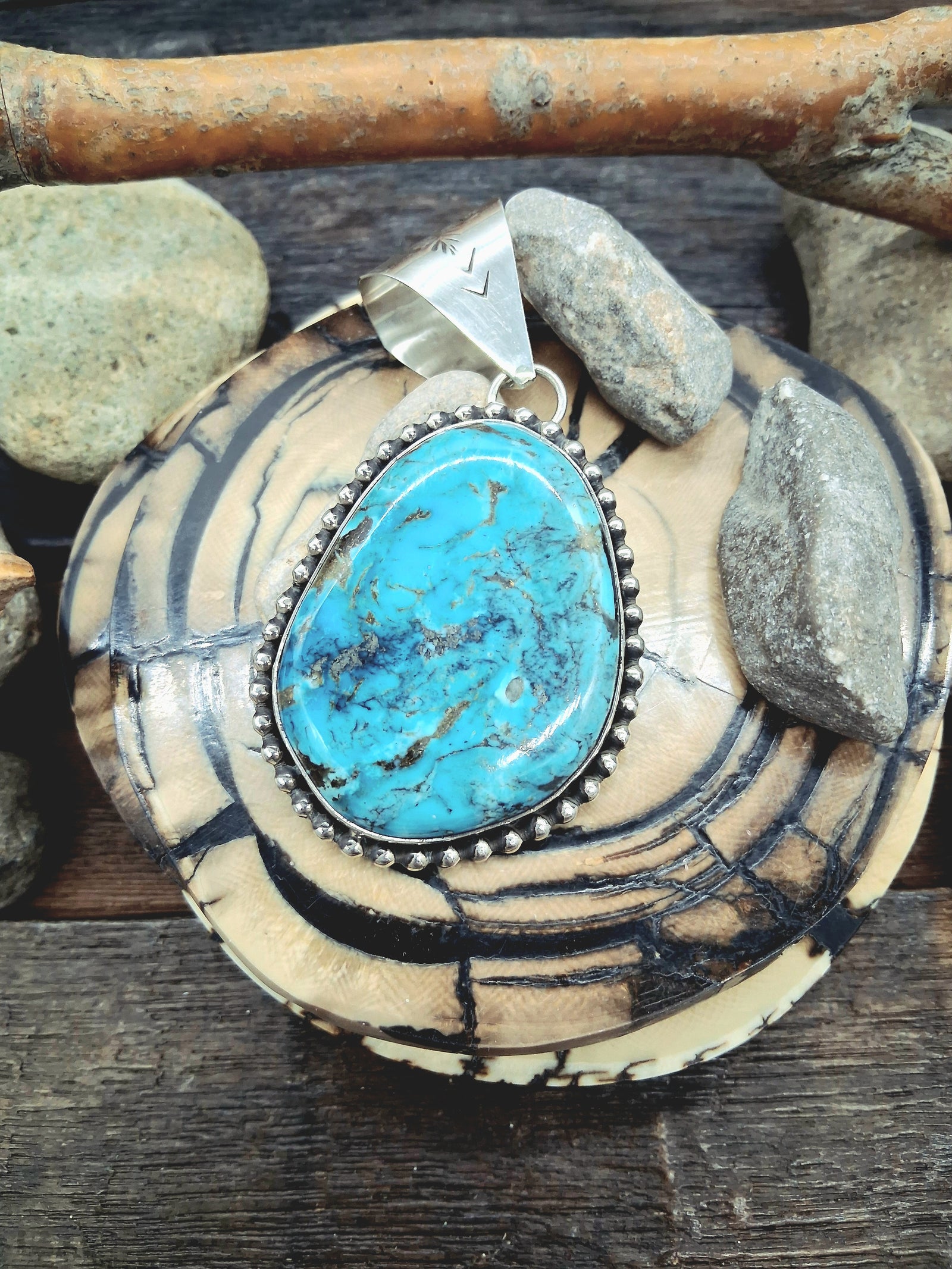 Sterling Silver Kingman Turquoise Raindrop Border Pendant 2 1/4" by Leonard Platero