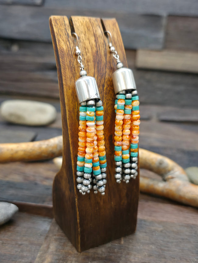 Spiny Oyster, Sterling Silver, and Turquoise Bead Tassel Earrings - 3 1/2 in. by 1/2 in.