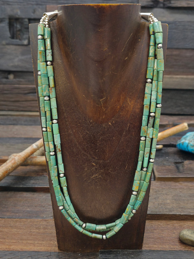 Three Strand Turquoise and Sterling Silver Bead Necklace by Fred Archuleta - 18 in. with 7 in. extender