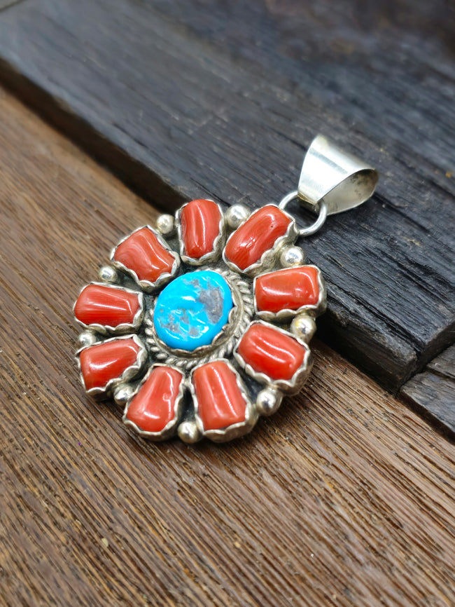 Turquoise and Coral Cluster Pendant by Julia Etsitty