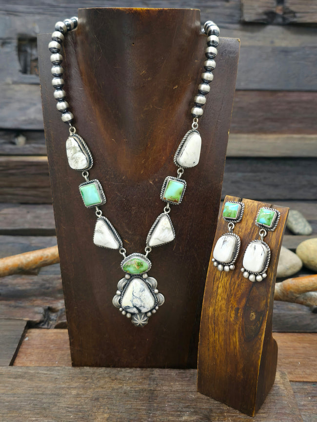 Sterling Silver White Buffalo and Sonoran Turquoise Lariat Necklace and Earring Set by LaRose Ganadonegro - 20 in.
