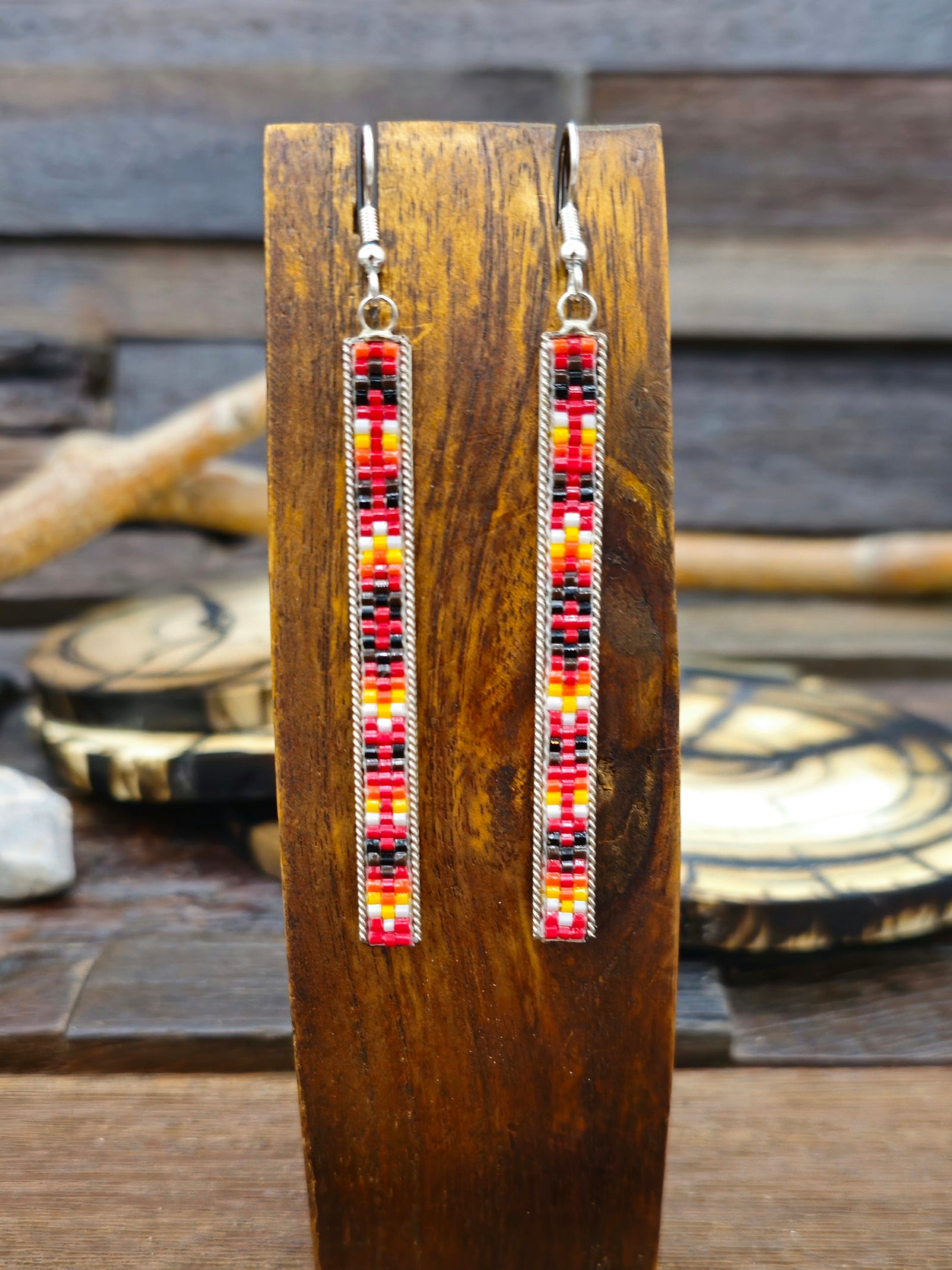 Long Beaded Sterling Silver Earrings by Lucille Ramone  - Red and Black