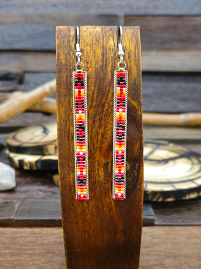 Long Beaded Sterling Silver Earrings by Lucille Ramone  - Red and Black
