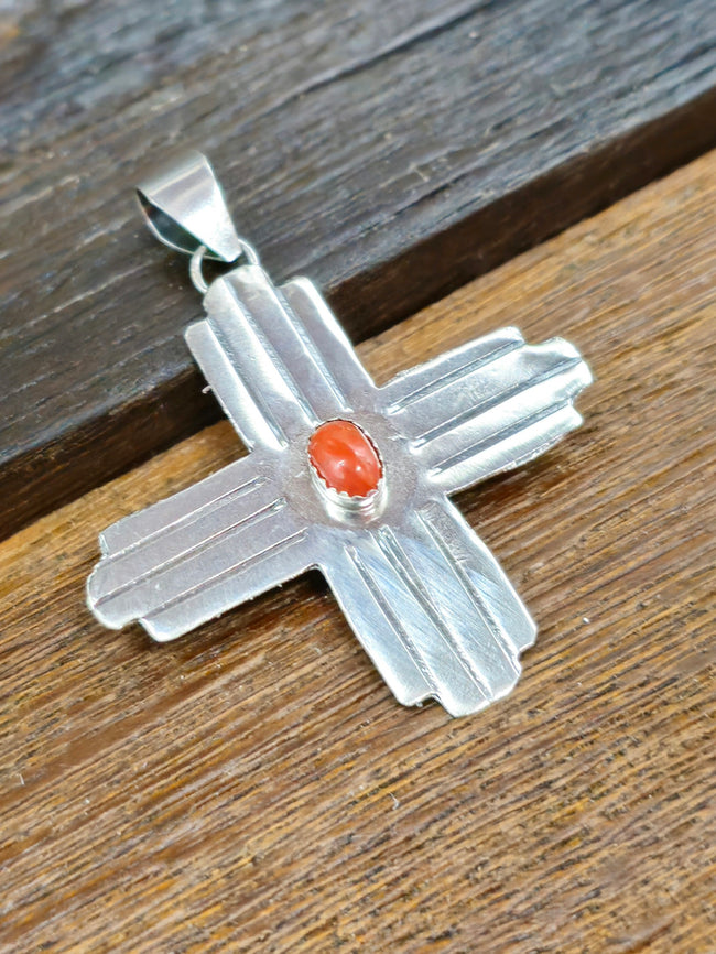 Zia Sterling Silver Pendant with Small Coral Stone by Lucille Platero