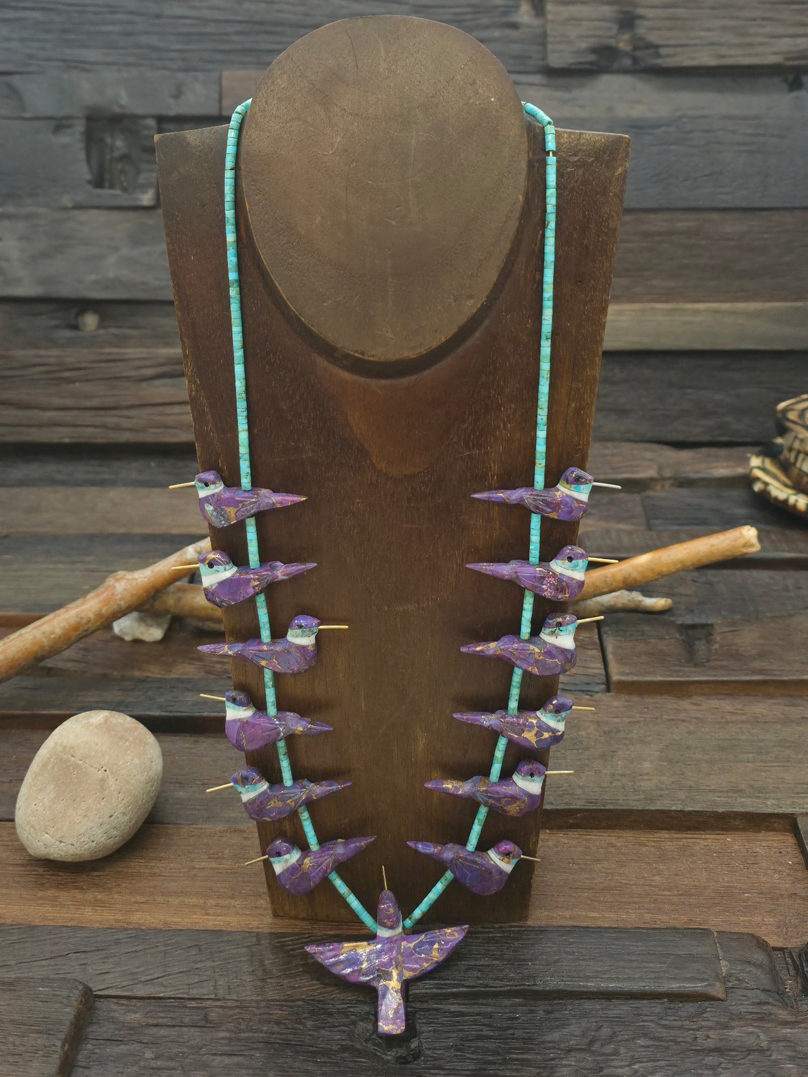 Purple 13 Hummingbird Necklace with Blue Turquoise Heishi by Matt Mitchell - 28 in.