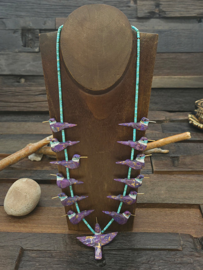 Purple 13 Hummingbird Necklace with Blue Turquoise Heishi by Matt Mitchell - 28 in.