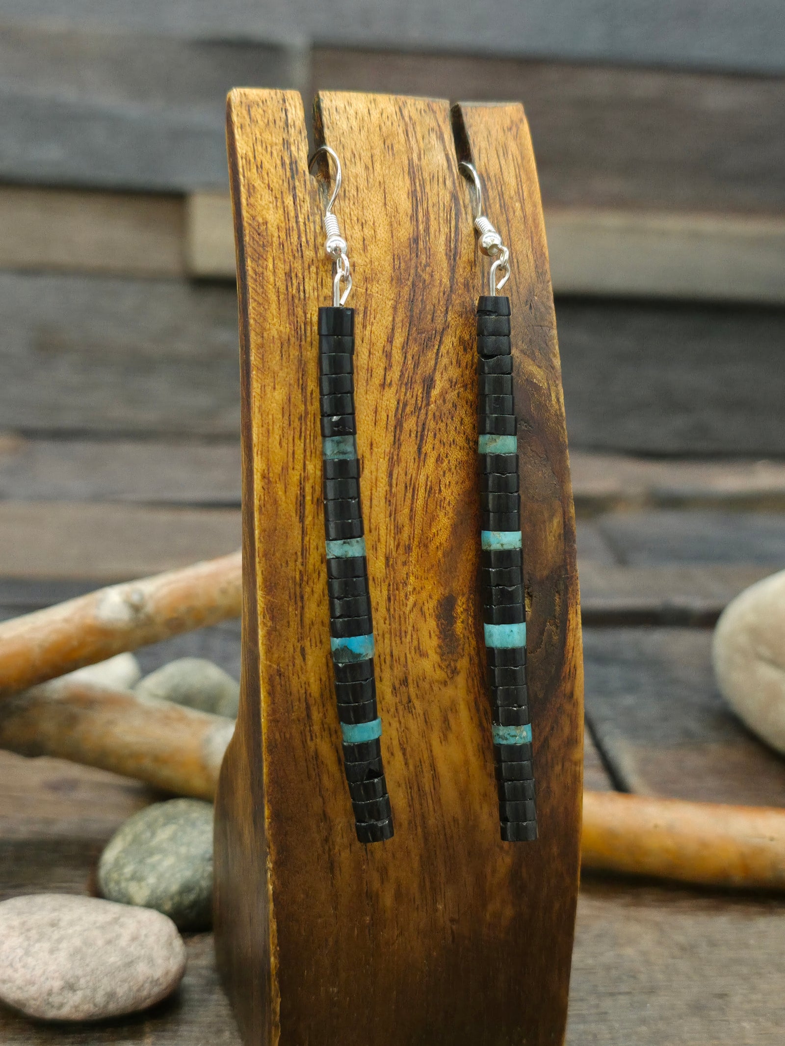 Turquoise and Jet Heishi Earrings by Torevia Crespin