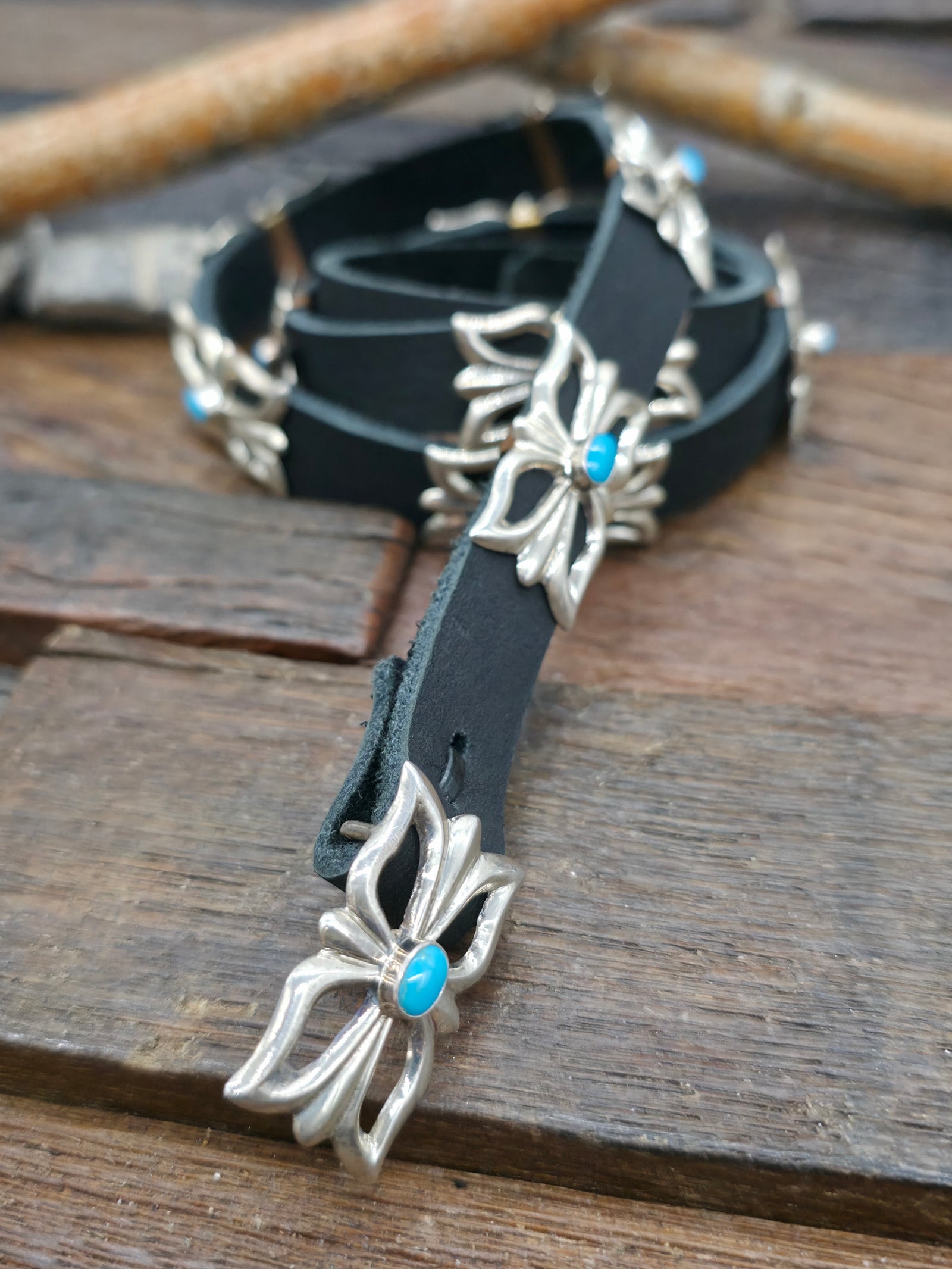 Black Leather Hat Band with High Shine Sterling Silver and Turquoise Conchos - 30 in.