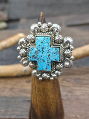 Large Bezel Sterling Silver Turquoise Statement Ring by BWB - Size 9