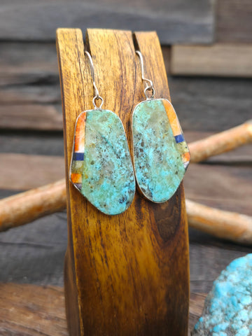 Three Stone Sterling Silver Mixed Turquoise Earrings by Brenda Jimenez - 2 3/4 in. by 1/2 in.