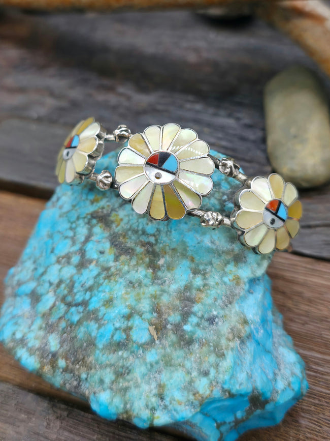 Sun Face Inlay Sterling Silver Cuff by Burdain Soseah - 6 1/2 in.