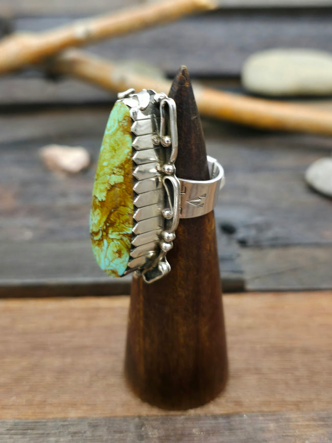 Large Turquoise and Sterling Silver Leaf Ring by Jimmy Garcia - Size 8
