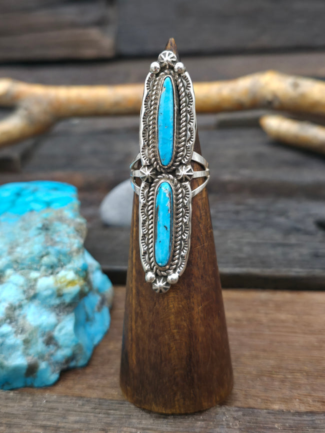 Kingman Turquoise Two Stone Ring by Rosella Paxton - Size 8 1/2