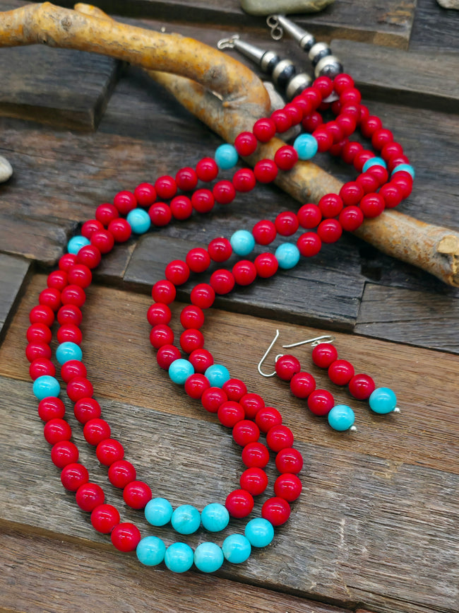Two Strand Red and Blue Stone Bead Necklace and Earring Set - 30 in.