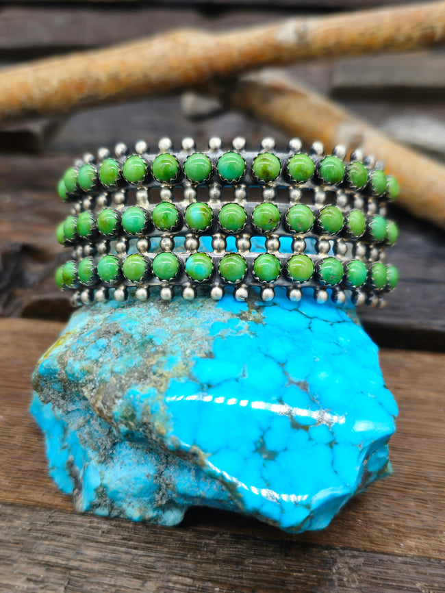Three Row Green Turquoise Bracelet by Paul Livingston - 6 3/4 in.