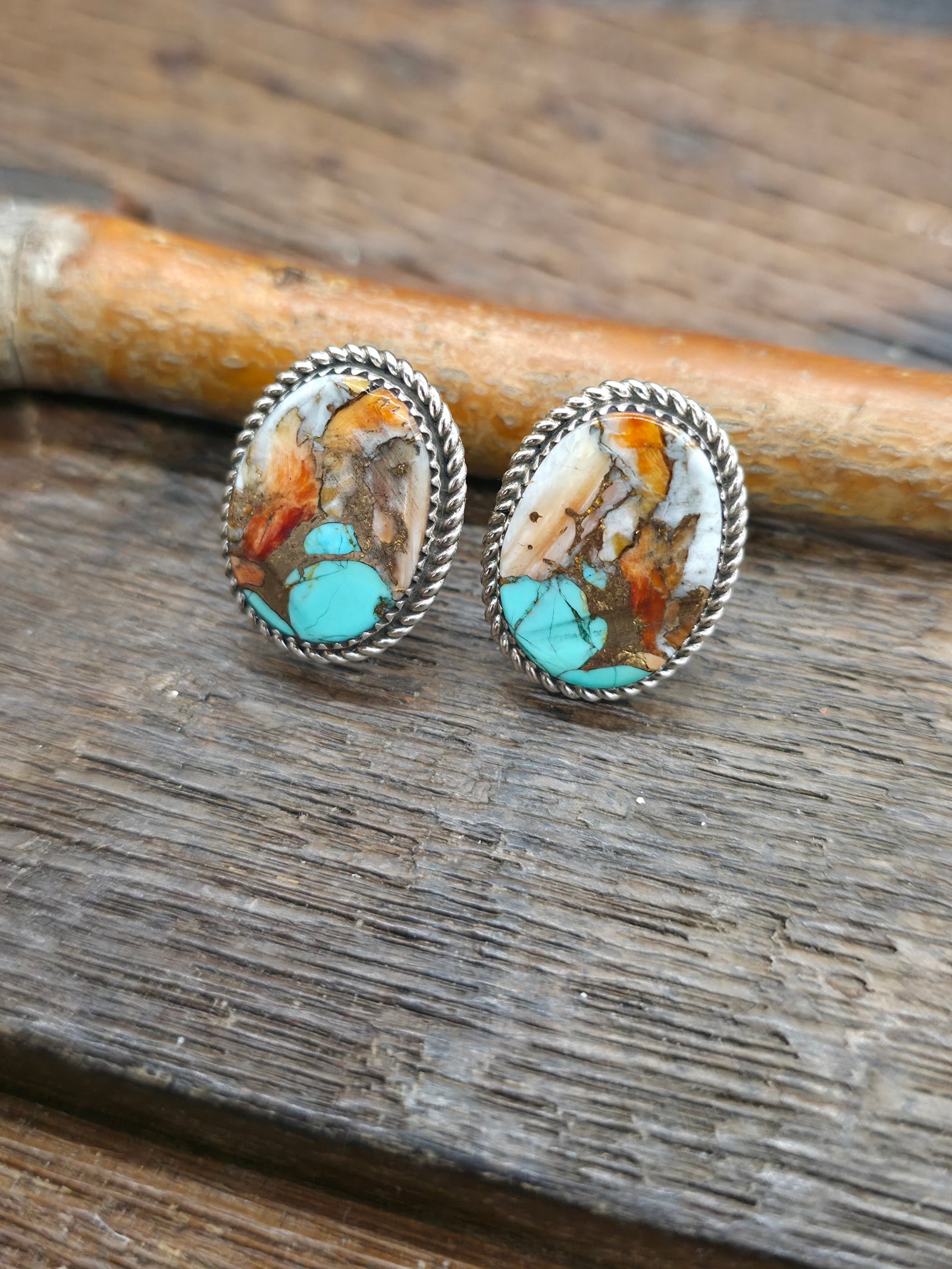 Turquoise and Spiny Oyster Composite Sterling Silver Earrings by Larry Etcitty - 1 in. by 5/8 in.