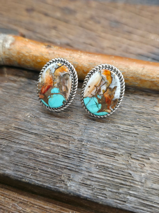 Turquoise and Spiny Oyster Composite Sterling Silver Earrings by Larry Etcitty - 1 in. by 5/8 in.