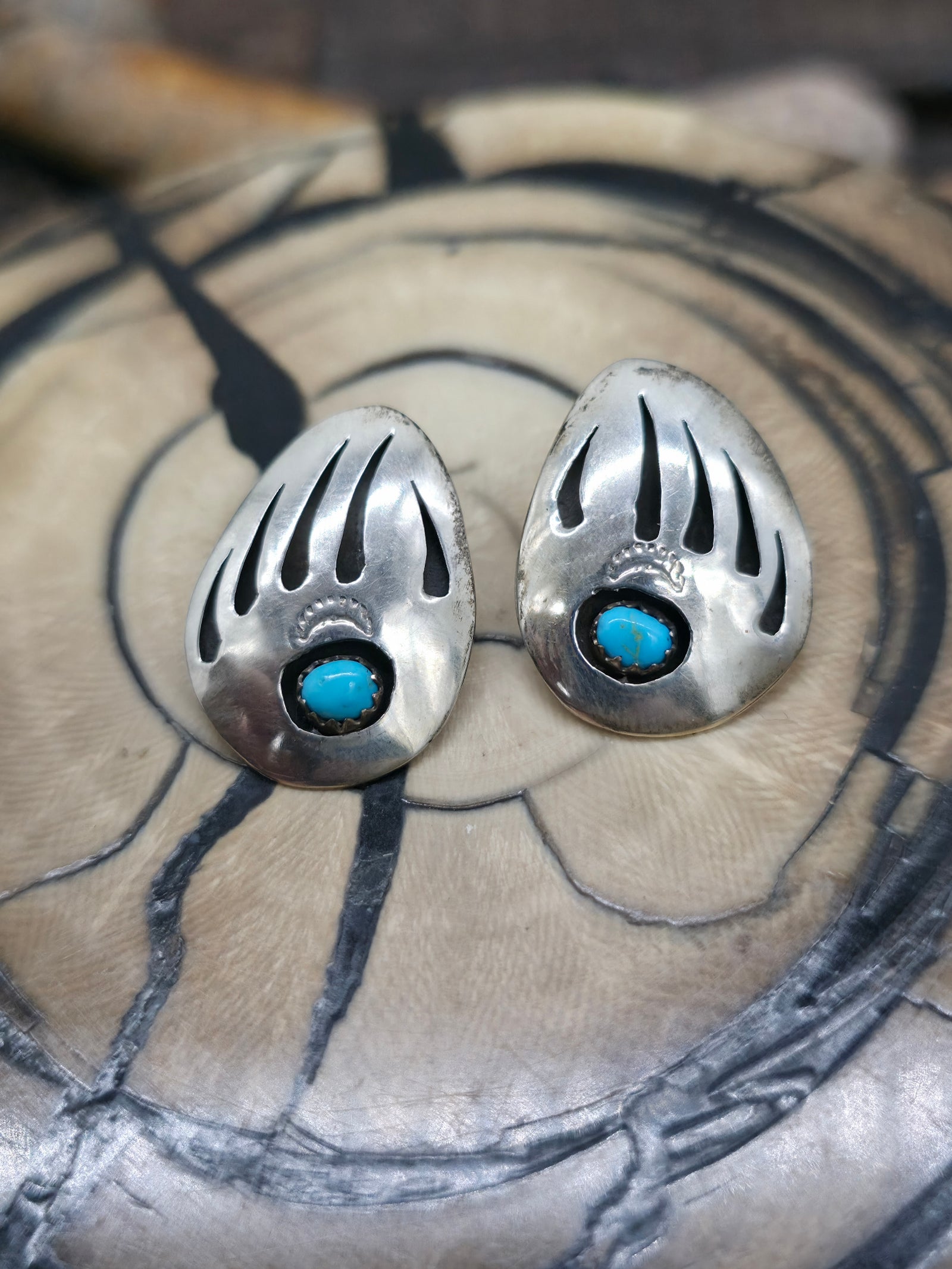 Bear Paw Turquoise Sterling Silver Shadowbox Post Earrings by Ervin Begay - 1 in. by 3/4 in.
