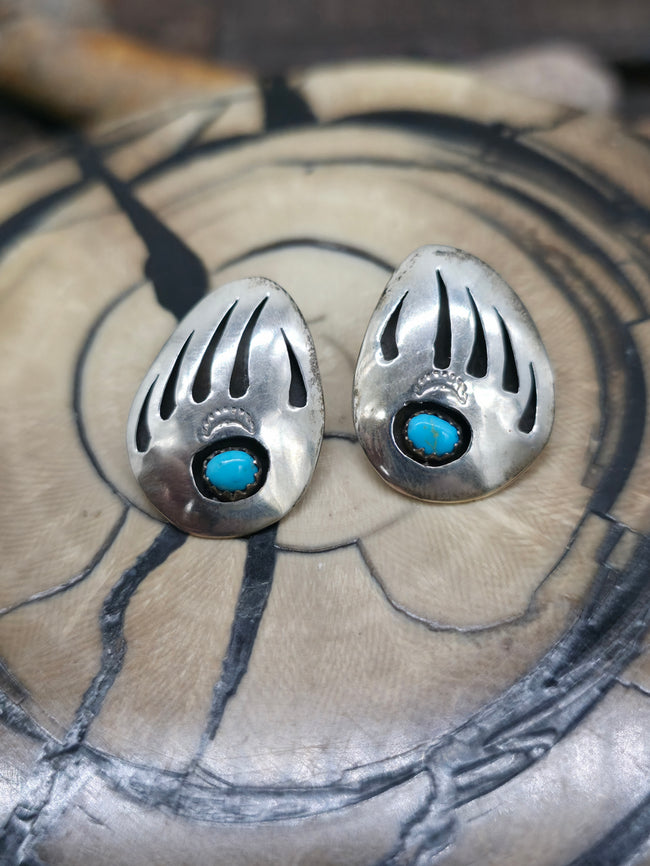 Bear Paw Turquoise Sterling Silver Shadowbox Post Earrings by Ervin Begay - 1 in. by 3/4 in.
