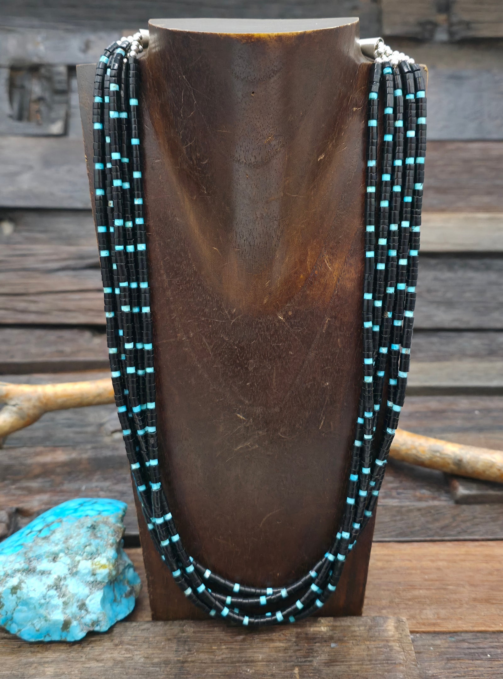 5 Strand Jet and Turquoise Bead Necklace - 22 in. w/5 in. Extender
