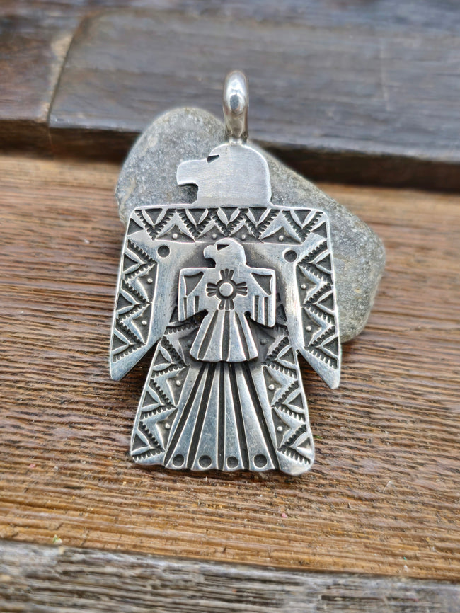 Stamped Sterling Silver Thunderbird Pendant by Bo Reeves