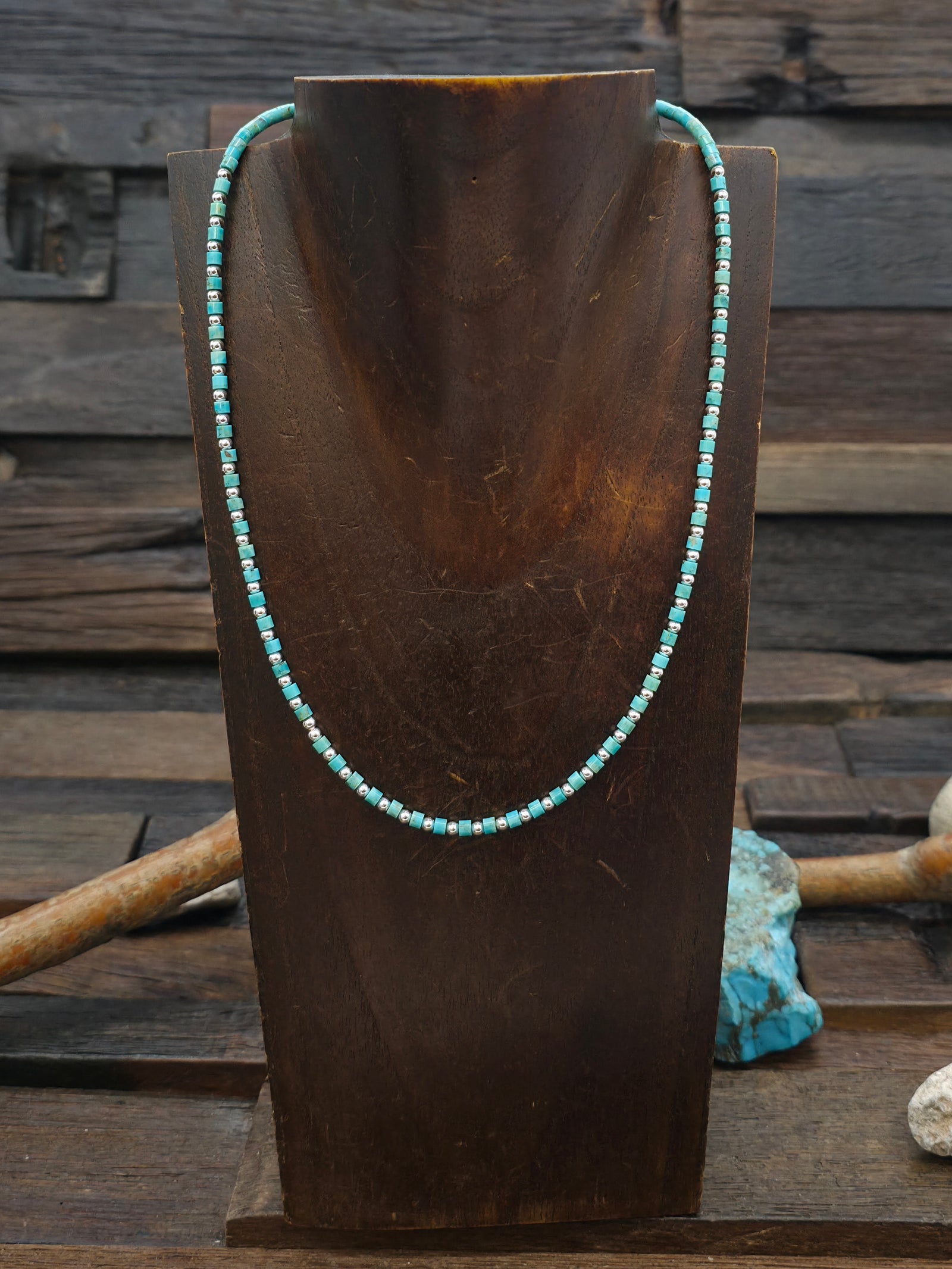 Turquoise Heishi Necklace with Sterling Silver Beads - 18 in.