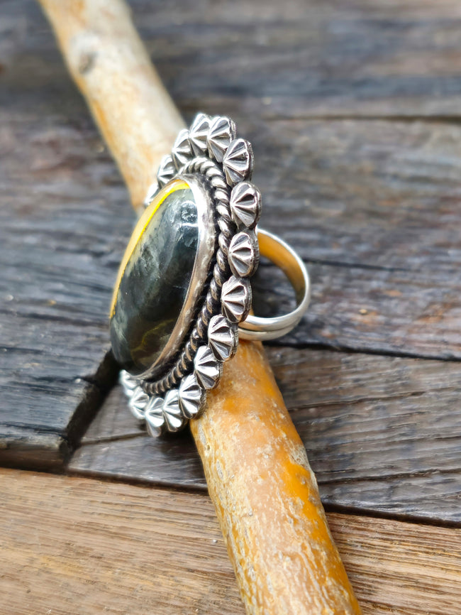 Large Bumblebee Jasper Ring with Sterling Silver Repousse - Adjustable