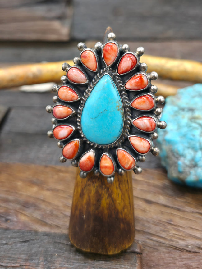 Sterling Silver Turquoise and Red Spiny Ring by Devin Brown - Adjustable