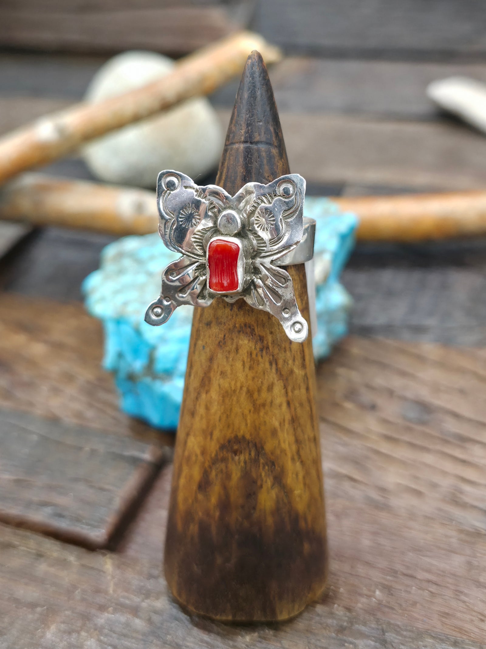 Stamped Sterling Silver Butterfly Ring with Coral by Micah Nelson - Adjustable