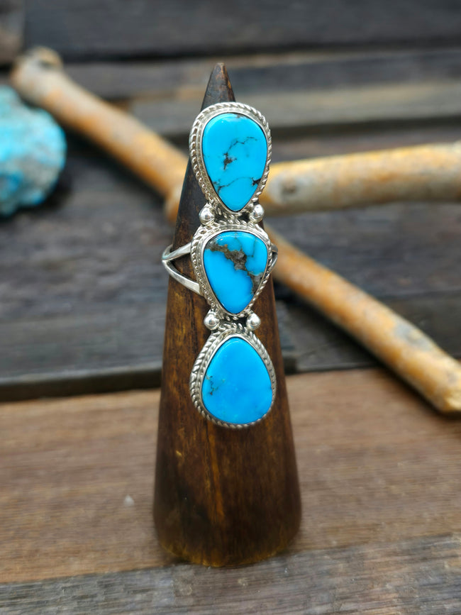 Sterling Silver Kingman Turquoise Three Stone Ring by Marcella James - Size 9