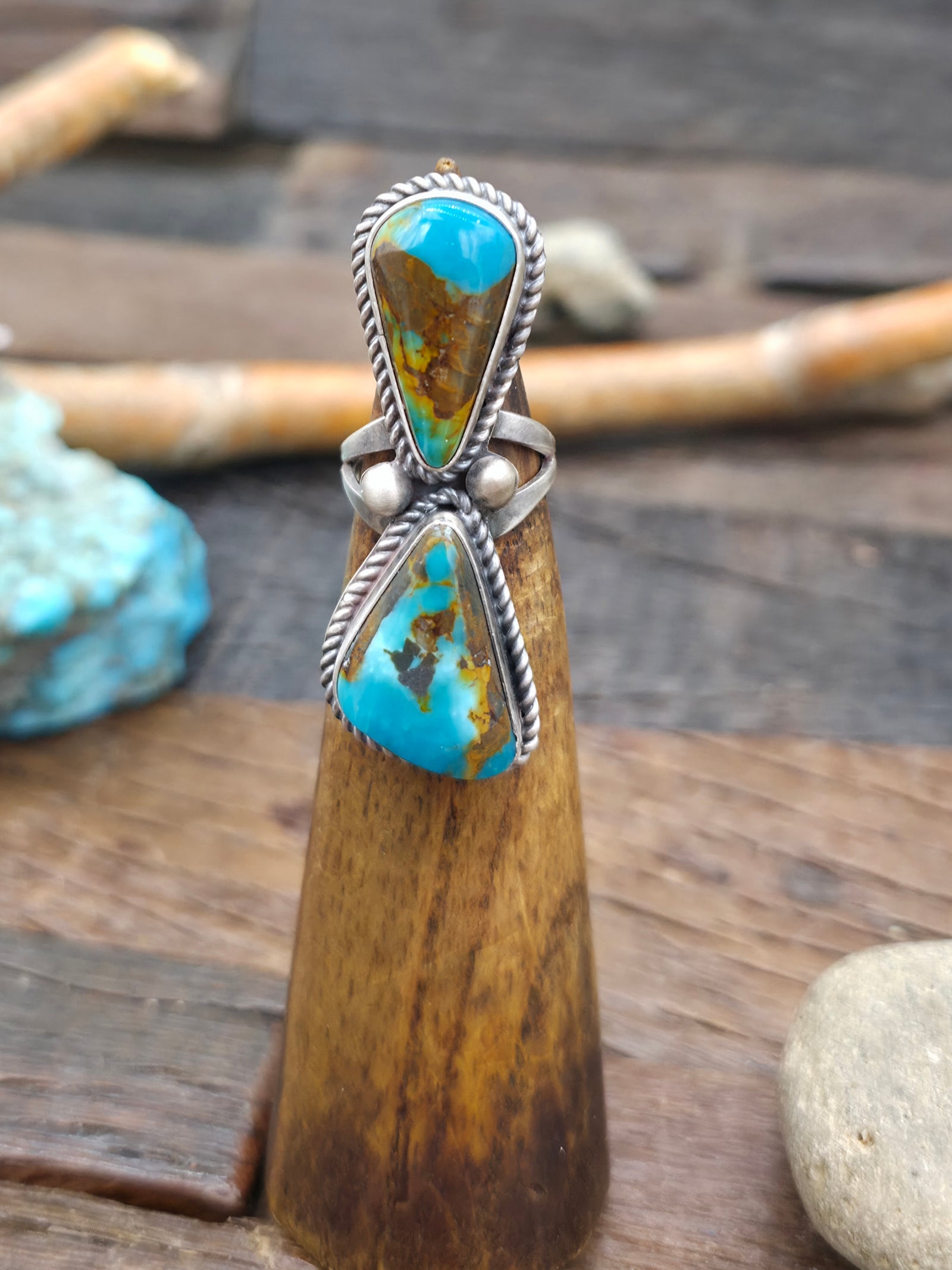 Two Stone Sterling Silver Candelaria Turquoise Ring by L. Ganado - Size 5 1/2