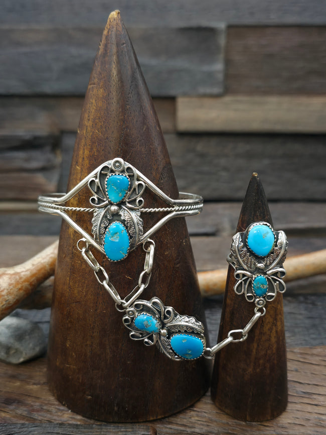 Sterling Silver Turquoise Cuff and Attached Ring Set by Harry Yazzie - Cuff 6 3/4 in. w/gap, Ring Size 8