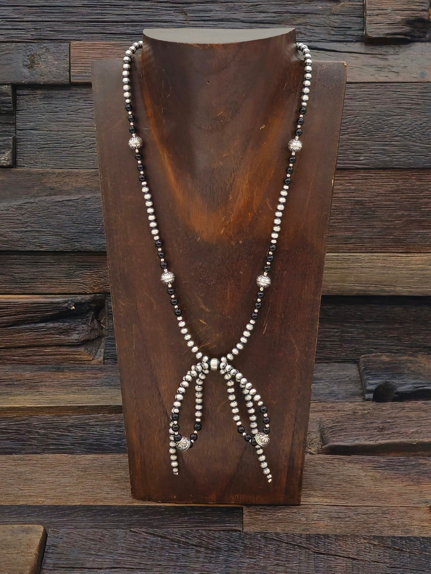 Oxidized Sterling Silver and Onyx Bead Bow Necklace 20 in.