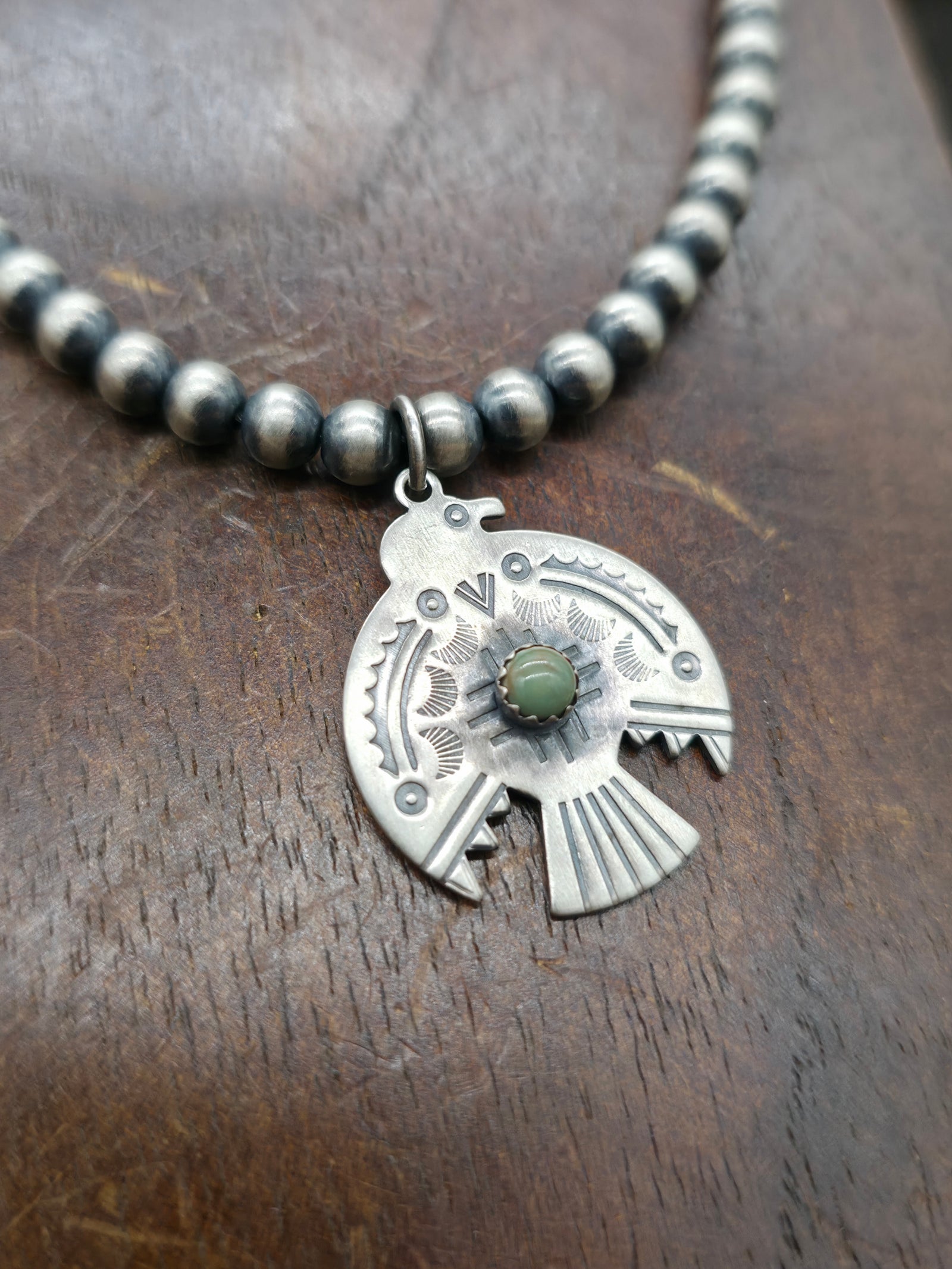 Oxidized Sterling Silver Bead Necklace with Green Skyhorse Turquoise Thunderbird Pendant - 16 in. w/2 in. Extender