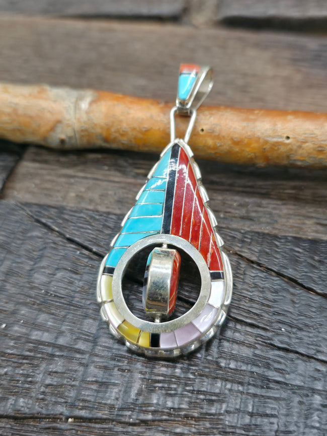 Teardrop Sterling Silver Zuni Inlay Sun Face Pendant by Don Dewa - 2 3/4 in. by 1 1/4 in.