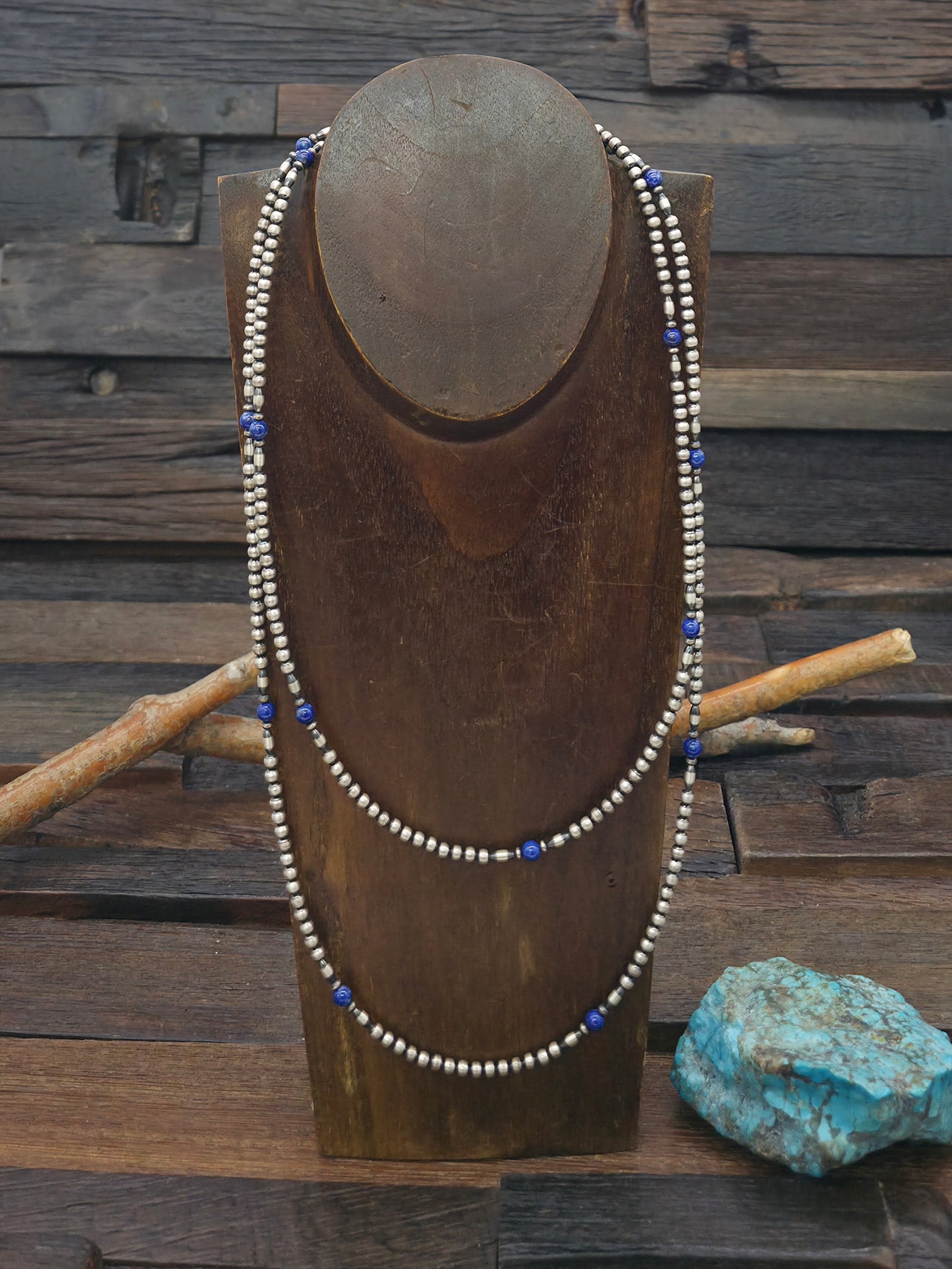 Long Oxidized Sterling Silver and Lapis Bead Necklace - 48 in.