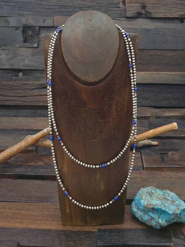 Long Oxidized Sterling Silver and Lapis Bead Necklace - 48 in.